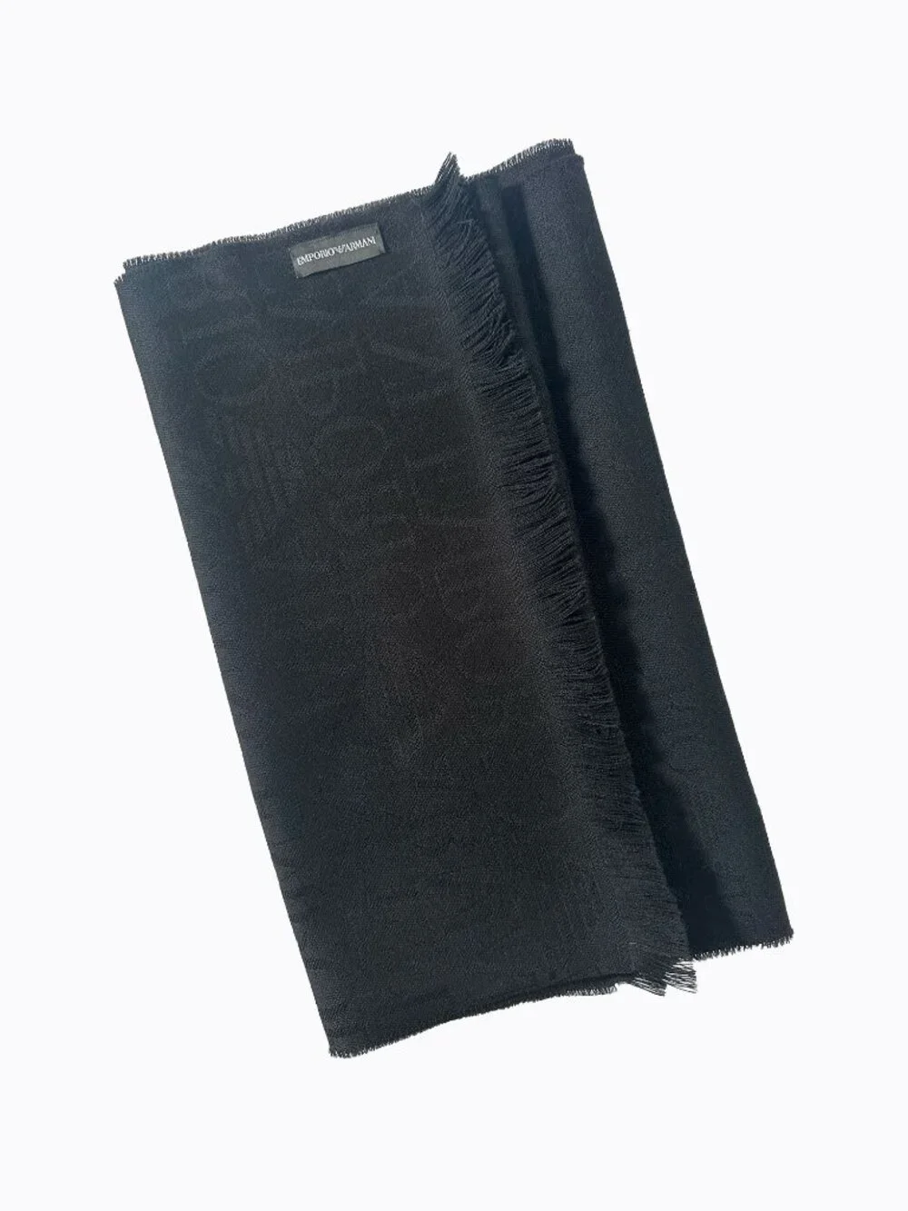 Emporio Armani Vintage Black Jacquard Logo Pattern Fringed Oblong Luxury Scarf